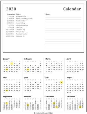 printable calendar 2020 with holidays and notes