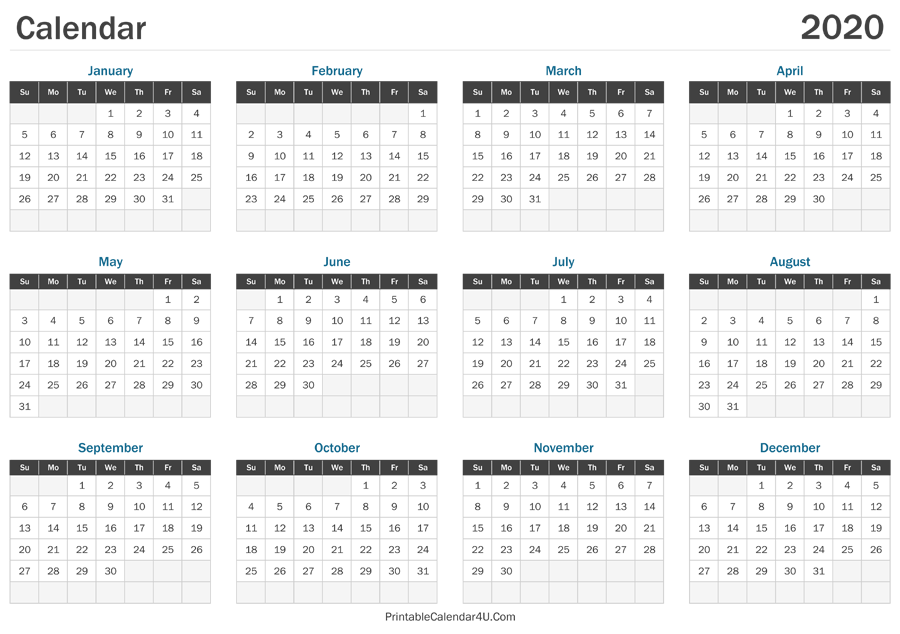 printable calendar 2020 landscape layout