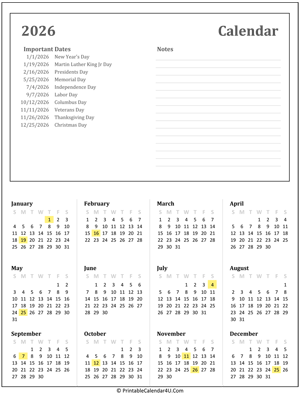 printable calendar 2026 with holidays and notes
