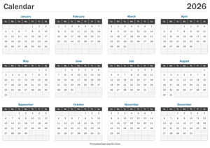 printable calendar 2026 landscape layout