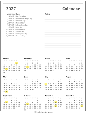 printable calendar 2027 with holidays and notes