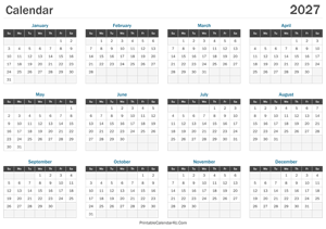 printable calendar 2027 landscape layout