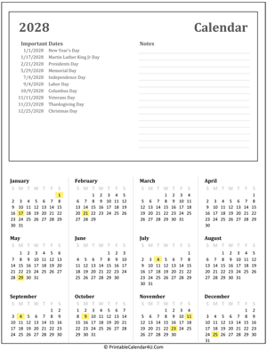 printable calendar 2028 with holidays and notes