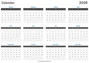 printable calendar 2028 landscape layout