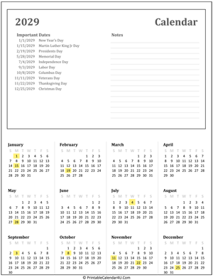 printable calendar 2029 with holidays and notes