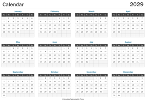printable calendar 2029 landscape layout