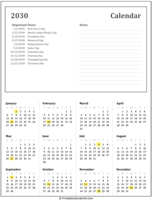 printable calendar 2030 with holidays and notes