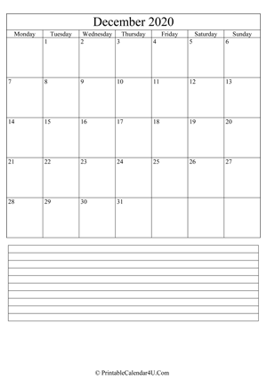 printable december calendar 2020 with notes (portrait layout)
