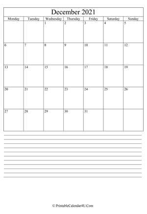 printable december calendar 2021 with notes (portrait layout)
