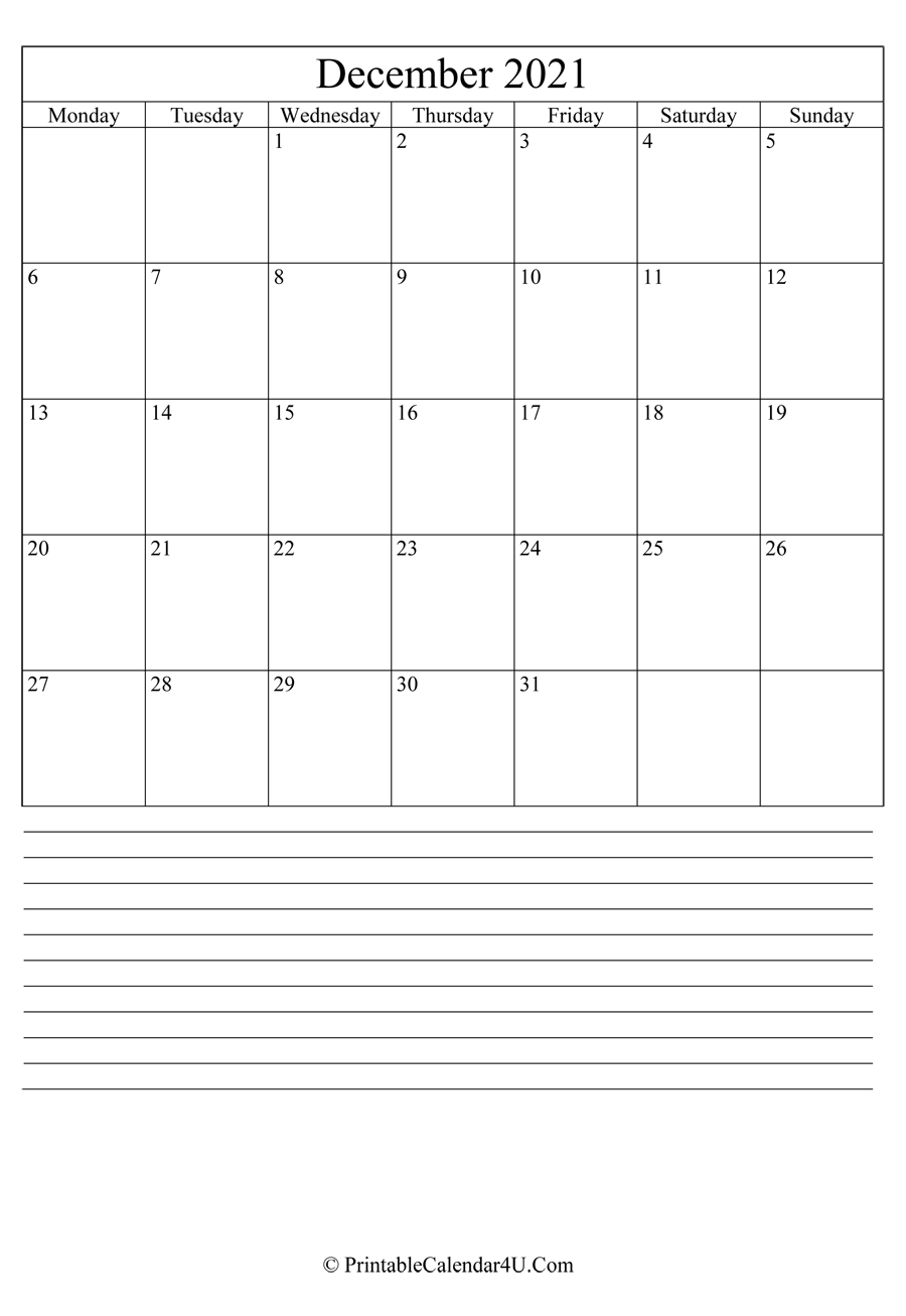 printable december calendar 2021 with notes in portrait layout
