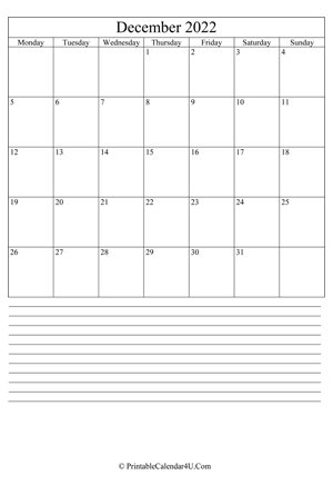 printable december calendar 2022 with notes (portrait layout)