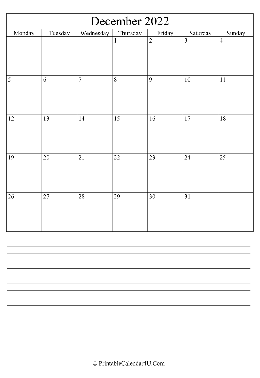 printable december calendar 2022 with notes in portrait layout
