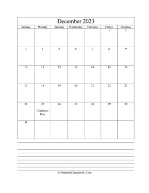 printable december calendar 2023 with notes (portrait layout)