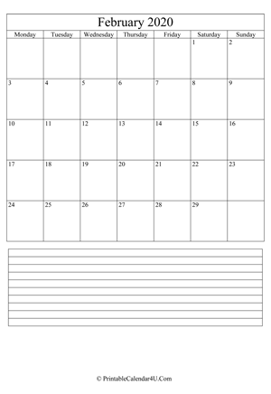 printable february calendar 2020 with notes (portrait layout)
