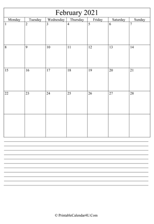 printable february calendar 2021 with notes (portrait layout)