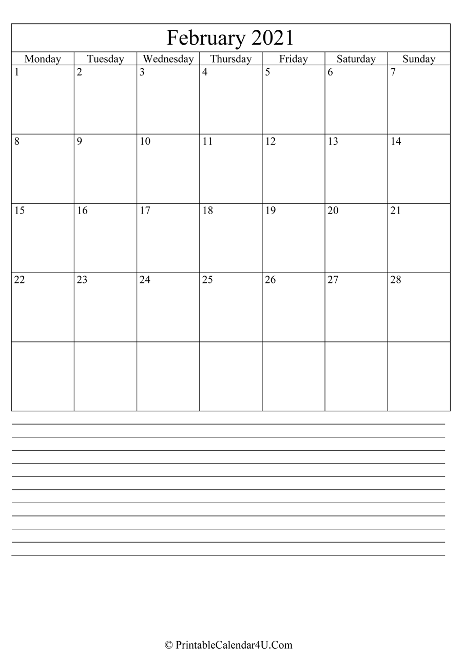 printable february calendar 2021 with notes in portrait layout
