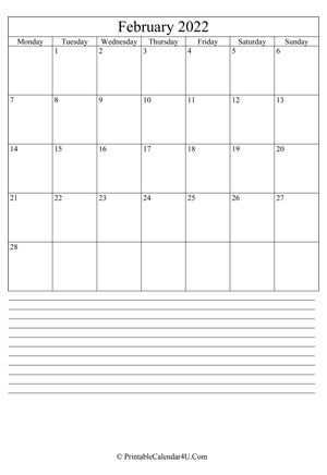 printable february calendar 2022 with notes (portrait layout)