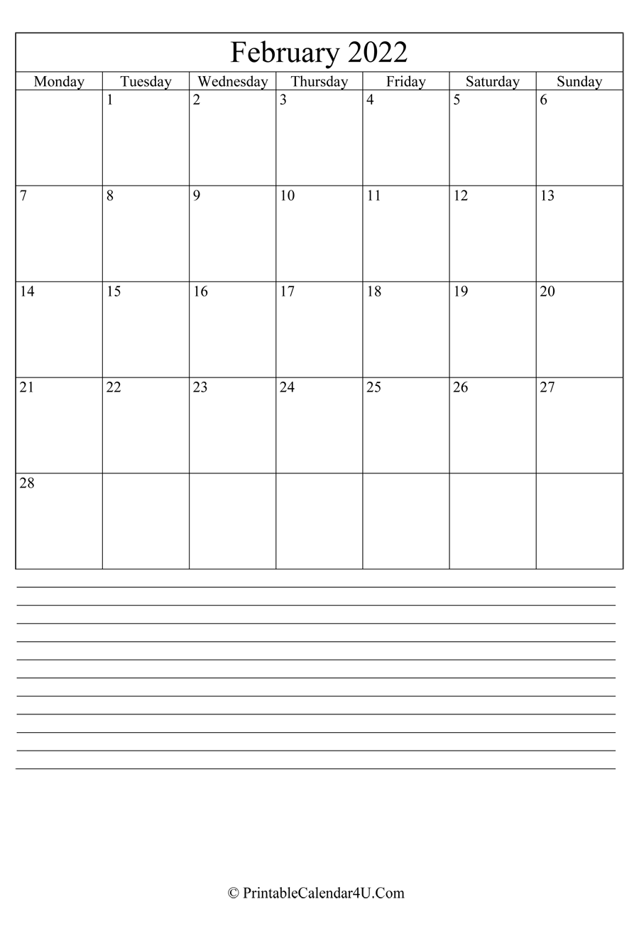 printable february calendar 2022 with notes in portrait layout