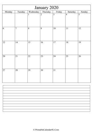 printable january calendar 2020 with notes (portrait layout)