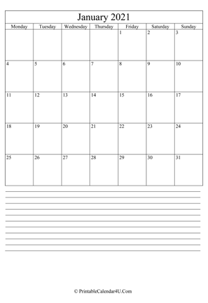 printable january calendar 2021 with notes (portrait layout)