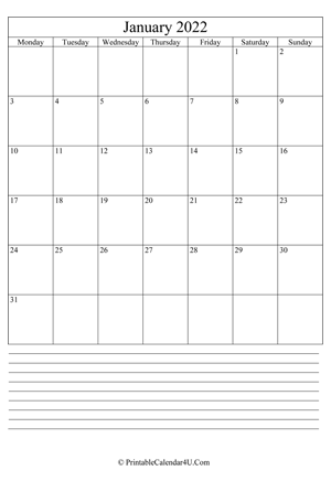 printable january calendar 2022 with notes (portrait layout)