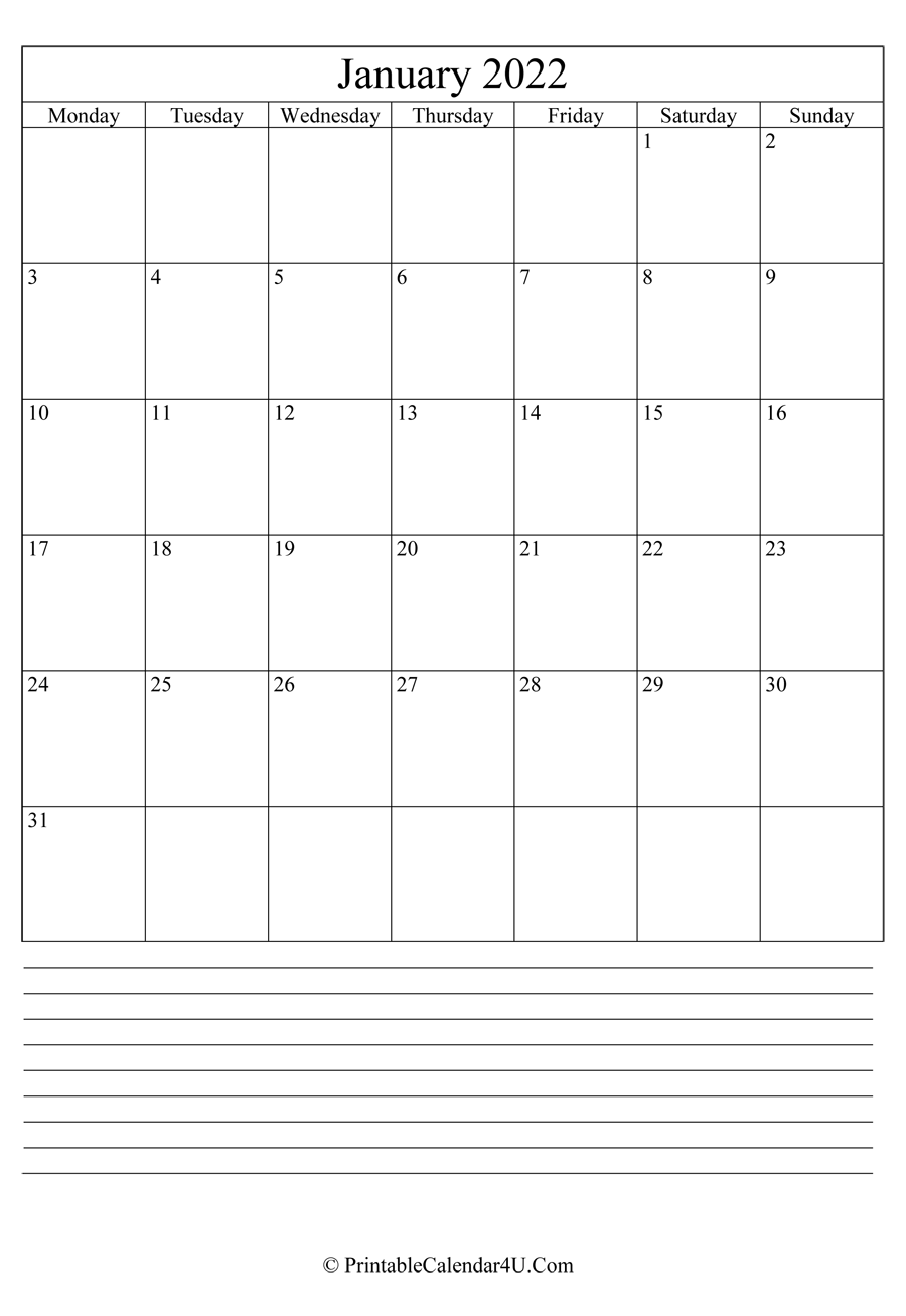 printable january calendar 2022 with notes in portrait layout