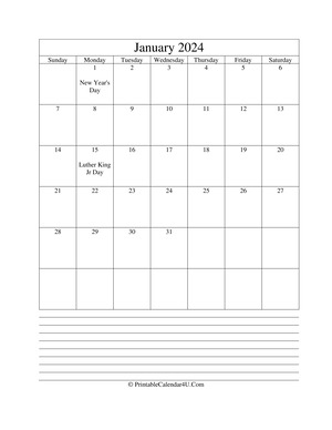 printable january calendar 2024 with notes (portrait layout)