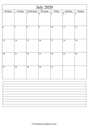 printable july calendar 2020 with notes (portrait layout)