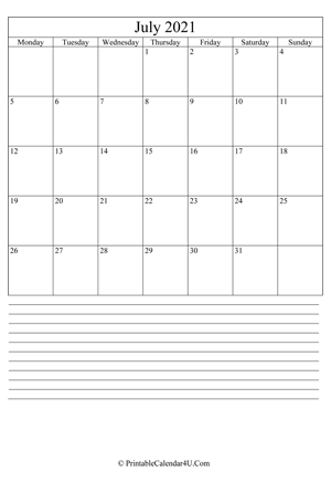 printable july calendar 2021 with notes (portrait layout)