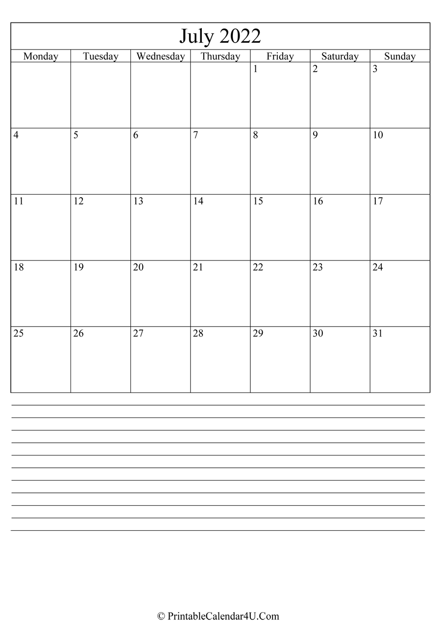 printable july calendar 2022 with notes in portrait layout