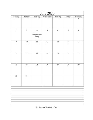 printable july calendar 2023 with notes (portrait layout)