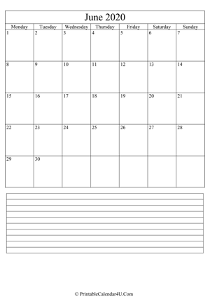 printable june calendar 2020 with notes (portrait layout)