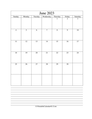 printable june calendar 2023 with notes (portrait layout)