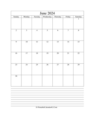 printable june calendar 2024 with notes (portrait layout)