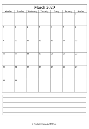 printable march calendar 2020 with notes (portrait layout)