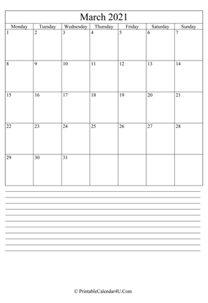 printable march calendar 2021 with notes (portrait layout)