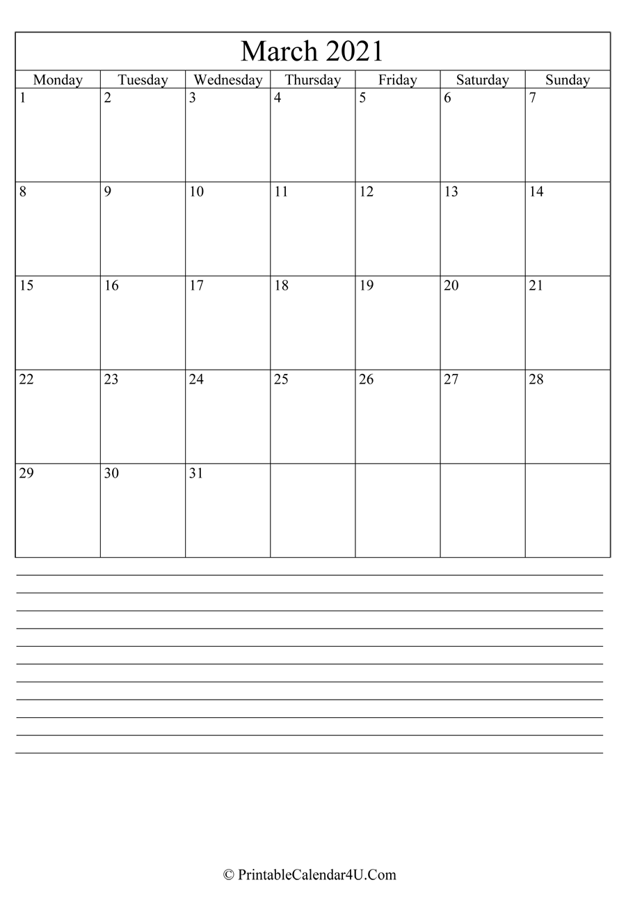 printable march calendar 2021 with notes in portrait layout
