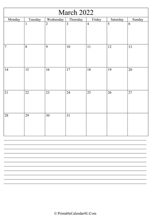 printable march calendar 2022 with notes (portrait layout)