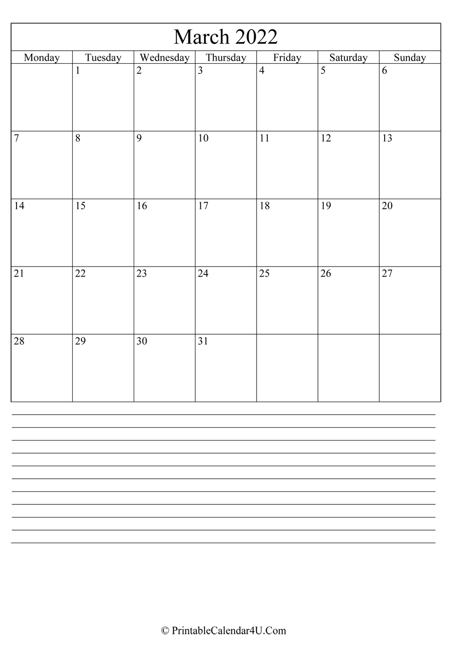 printable march calendar 2022 with notes in portrait layout