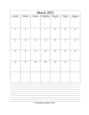 printable march calendar 2023 with notes (portrait layout)