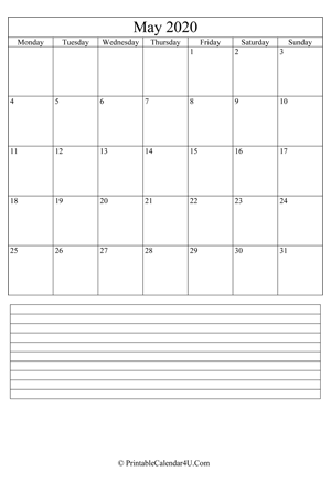 printable may calendar 2020 with notes (portrait layout)