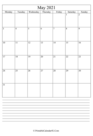 printable may calendar 2021 with notes (portrait layout)