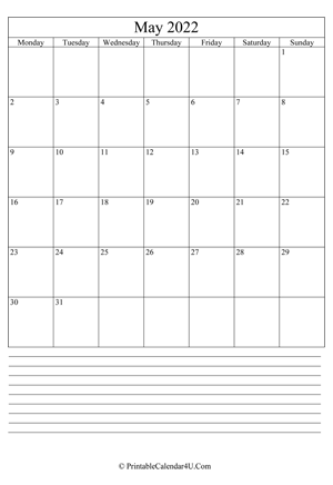 printable may calendar 2022 with notes (portrait layout)