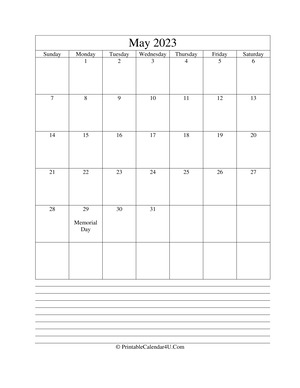 printable may calendar 2023 with notes (portrait layout)