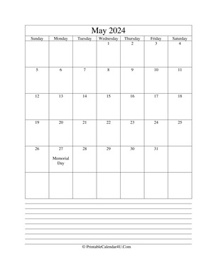printable may calendar 2024 with notes (portrait layout)