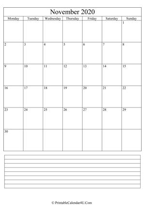 printable november calendar 2020 with notes (portrait layout)
