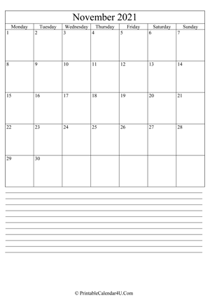 printable november calendar 2021 with notes (portrait layout)