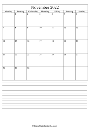 printable november calendar 2022 with notes (portrait layout)