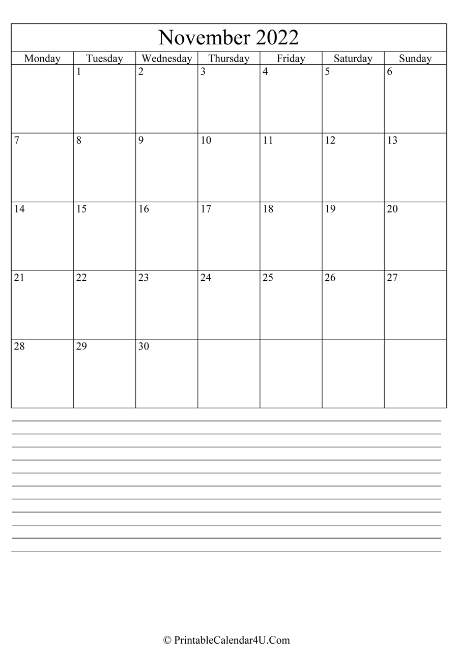 printable november calendar 2022 with notes in portrait layout