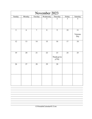 printable november calendar 2023 with notes (portrait layout)